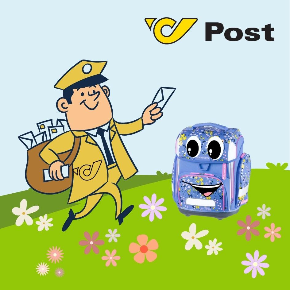 Grafik einer Schultasche und eines Postboten auf buntem Hintergrund