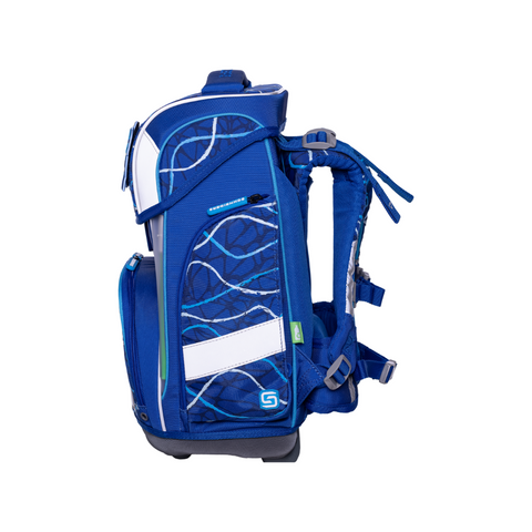 Blaue Jungenschultasche „Blue Vibes“ von Schneiders, Modell Ergolite, mit ergonomischem Design, gepolsterten Trägern und mehreren Fächern für optimale Organisation.