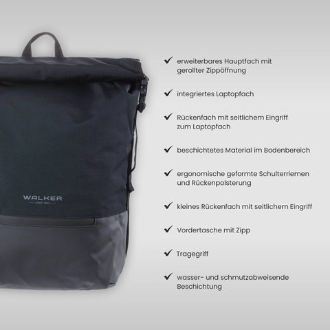 Hard Facts zum MIKA Rucksack, Erweiterbares Hauptfach mit  gerollter Zippöffnung, Integriertes Laptopfach, Rückenfach mit seitlichem Eingriff  zum Laptopfach, Beschichtetes Material im Bodenbereich, Ergonomische geformte Schulterriemen  und Rückenpolsterung, kleines Rückenfach mit seitlichem Eingriff, Vordertasche mit Zipp, Tragegriff, wasser- und schmutzabweisende  Beschichtung