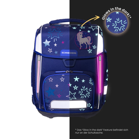 Raffiniert designierte Mädchenschultasche mit Zubehör „Shooting Star“ von Schneiders, Modell Ergolite, mit ergonomischem Design, gepolsterten Trägern und mehreren Fächern für optimale Organisation.