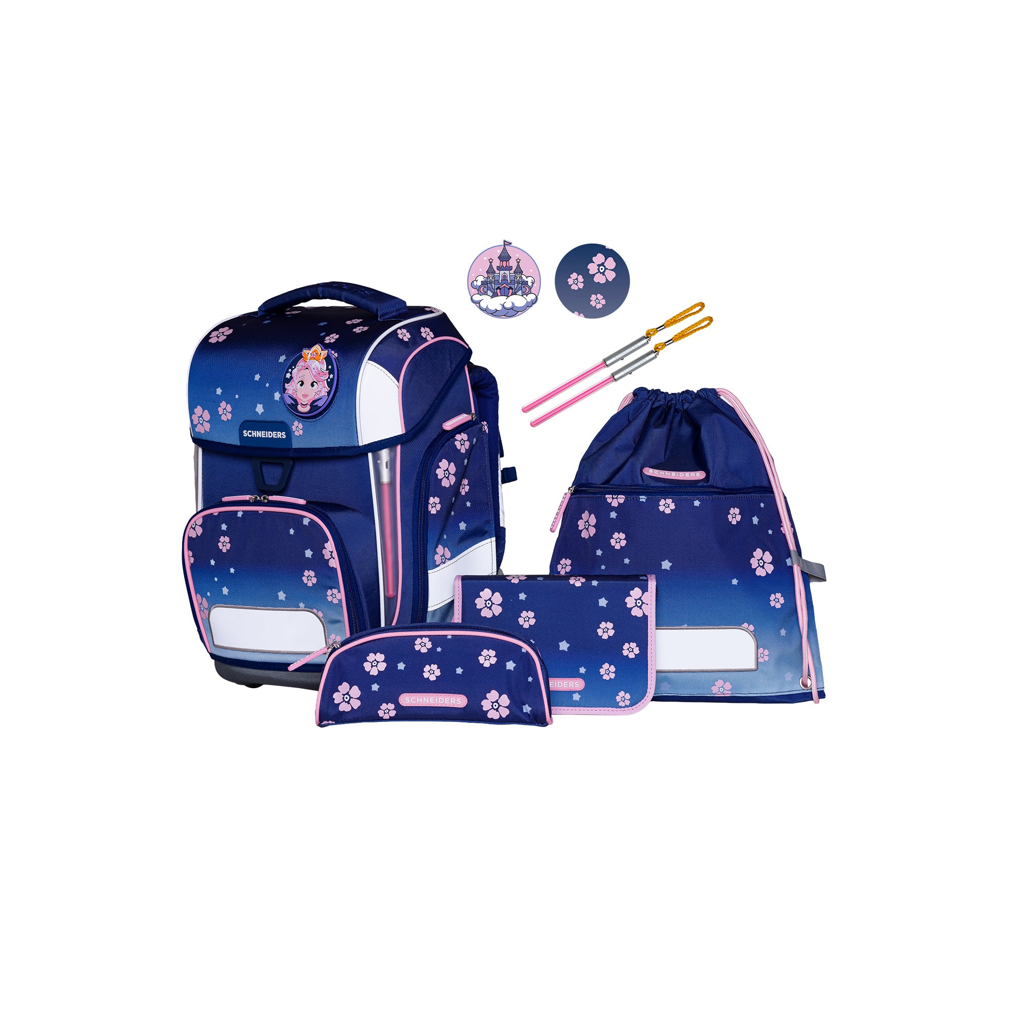 Schultasche „Blue Bloom“ von Schneiders, Modell Ergolite, mit ergonomischem Design, gepolsterten Trägern und mehreren Fächern für optimale Organisation.