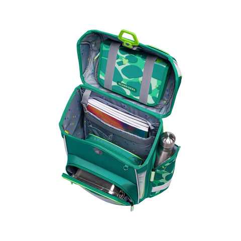 Jungenschultasche „Dino Dance“ von Schneiders, Modell Ergolite, mit ergonomischem Design, gepolsterten Trägern und mehreren Fächern für optimale Organisation.