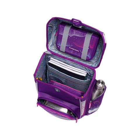 Schultasche „Wavy Dots“ von Schneiders, Modell Ergolite, mit ergonomischem Design, gepolsterten Trägern und mehreren Fächern für optimale Organisation.