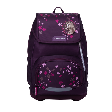 Raffiniert designierte Mädchenschultasche Ergoplus „Berry Blossom“ von Schneiders, Modell Ergolite, mit ergonomischem Design, gepolsterten Trägern und mehreren Fächern für optimale Organisation.