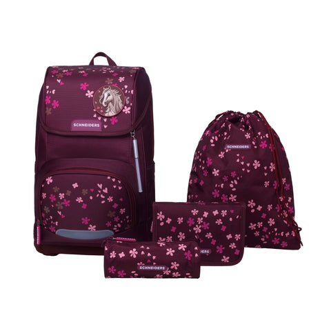 Raffiniert designierte Mädchenschultasche Ergoplus „Berry Blossom“ von Schneiders, Modell Ergolite, mit ergonomischem Design, gepolsterten Trägern und mehreren Fächern für optimale Organisation.